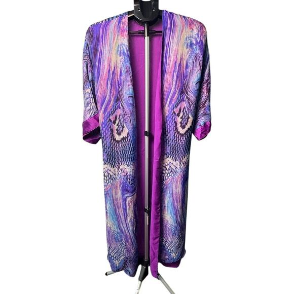 Purple Peacock Feather Print Kimono Robe Satin Trim Boho Lounge Duster One Size - Picture 1 of 6